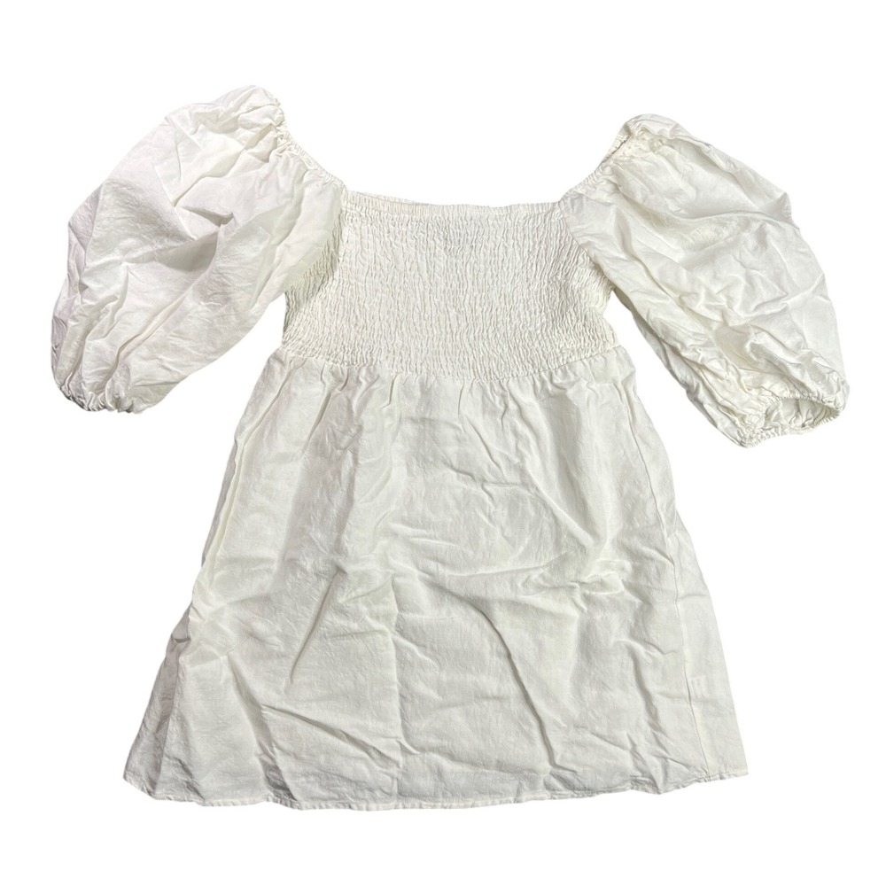 Tuckernuck Womens XXL Cameran White 100% Linen Smocked Puff Sleeve Dress Cottage